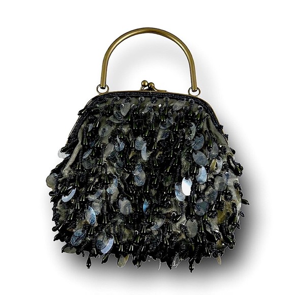 LOFT Handbags - LOFT Black Bead and Sequin Satin Embellished Evening Clutch Pewter hardware NWOT